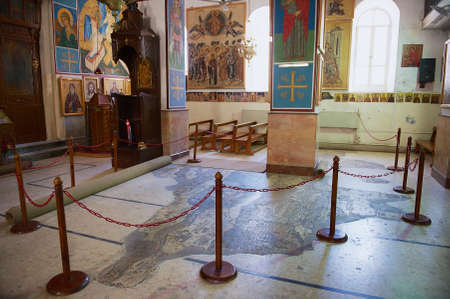Madaba, Jordan - July 18, 2012: Interior of Greek Orthodox Basilica of St George. with the mosaic map of Holy Land in Madaba, Jordan.のeditorial素材