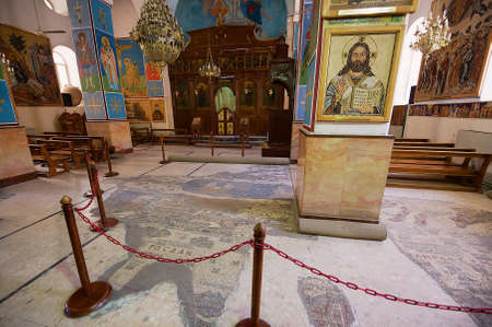 Madaba, Jordan - July 18, 2012: Interior of Greek Orthodox Basilica of St George. with the mosaic map of Holy Land in Madaba, Jordan.のeditorial素材