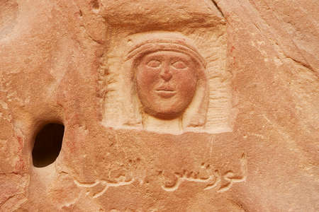 Wadi Rum, Jordan - August 21, 2012: Stone with an image of a face in the Valley of the Moon in Wadi Rum, Jordan.のeditorial素材