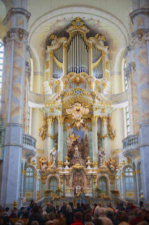Dresden, Germany - May 18, 2010: People visit the famous Frauenkirche cathedral in Dresden, Germany. Frauenkirche originally was built in 1743.のeditorial素材