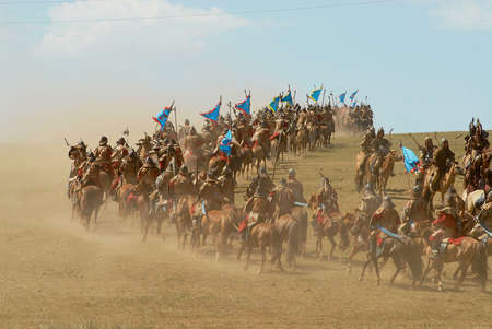 Ulaanbaatar, Mongolia - August 17, 2006: Unidentified Mongolian horse riders take part in the...