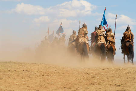 Ulaanbaatar, Mongolia - August 17, 2006: Unidentified Mongolian horse riders take part in the traditional historical show of Genghis Khan era in Ulaanbaatar, Mongolia.のeditorial素材