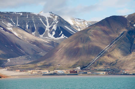 View to the abandoned Russian arctic settlement Pyramiden Svalbard, Norway.の写真素材