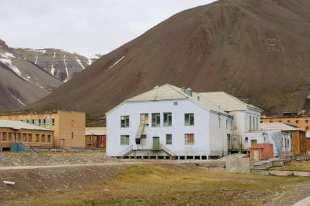Pyramiden, Norway - September 03, 2011: Deserted residential buildings at the abandoned Russian arctic settlement Pyramiden, Norway.のeditorial素材