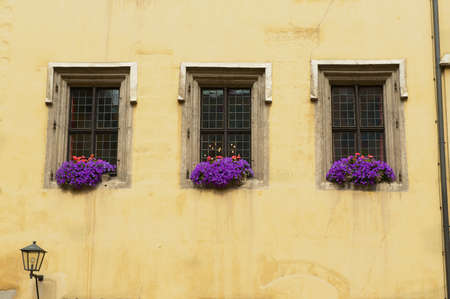 Regensburg, Germany - September 04, 2010: Windows of the medieval building in Regensburg, Germany.のeditorial素材