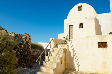 Pyrgos, Greece - August 01, 2012: Traditional old residential building at Santorini island in Pyrgos, Greece.のeditorial素材