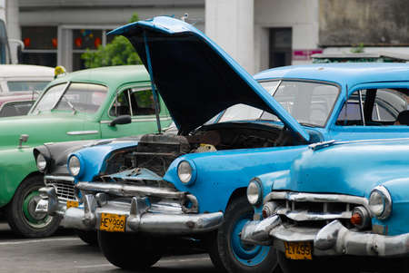 Havana, Cuba - October 21, 2006: Vintage cars parked in Havana, Cuba.のeditorial素材