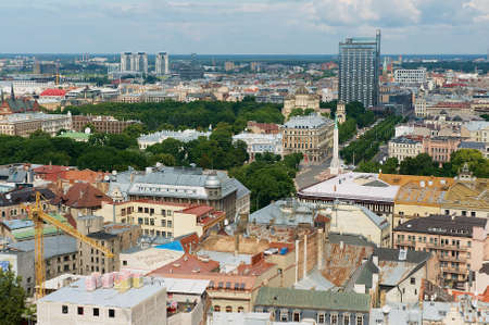 Riga, Latvia - August 04, 2009: Panorama of the old town buildings from the St. Peter's church in...