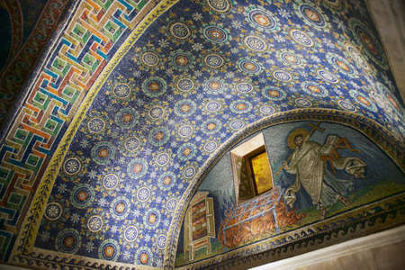 Ravenna, Italy - MAY 12, 2013: Interior of the Mausoleum of Galla Placidia, chapel embellished with colorful mosaics in Ravenna, Italy. Unesco World Heritage site.のeditorial素材
