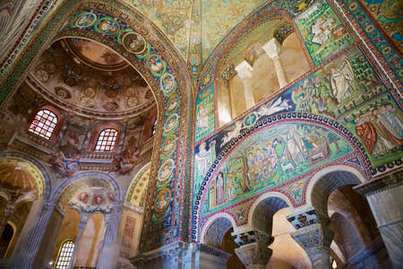 Ravenna, Italy - May 12, 2013: Rich decorated with mosaic walls and ceiling of the Basilica di San Vitale in Ravenna, Italy. Rare example of early Christian Byzantine art in Europe.のeditorial素材