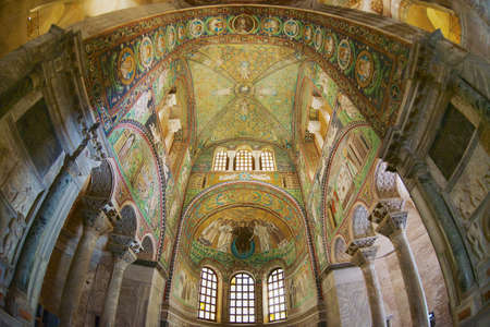 Ravenna, Italy - May 12, 2013: Rich decorated walls and ceiling of the Basilica di San Vitale in Ravenna, Italy. Rare example of early Christian Byzantine art in Europe.のeditorial素材