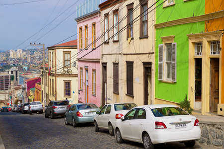 Valparaiso, Chile - October 19, 2013: Colorful painted buildings located in the historical part of the Valparaiso city, Chile. It is declared a UNESCO World Heritage site.のeditorial素材