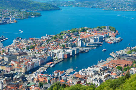 Bergen, Norway - June 06, 2010: View to the harbor and historical buildings from Floyen hill in Bergen, Norway.のeditorial素材