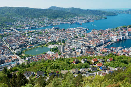 BERGEN, NORWAY - JUNE 06, 2010: View to the buildings and harbor of Bergen from Floyen hill in Bergen, Norway.のeditorial素材