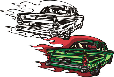 The green car with red and yellow headlights. Flaming hotrods.   illustration - color   b/w versions.のイラスト素材