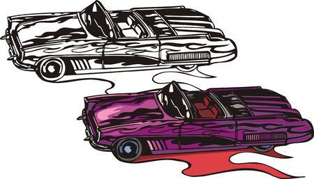 The violet two-place car with folding top. Flaming hotrods.  illustration - color   b/w versions.のイラスト素材