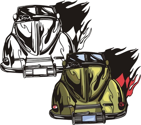 The green car without top. Flaming hotrods.  illustration - color   b/w versions.のイラスト素材