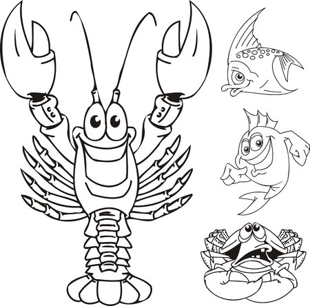 Cancer, a crab and two small fishes. Funny water animals. Vector illustration ready for vinylcutting.のイラスト素材