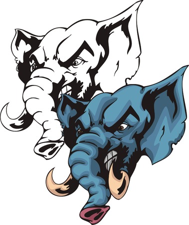 Wild cruel blue elephant with long proboscis and sharpen tusk. Mascot template. Vector illustration - color + b/w versions.のイラスト素材