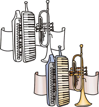 Orange pipe and blue synthesizer. Musical instruments. Vector illustration - color   b/w versions.のイラスト素材