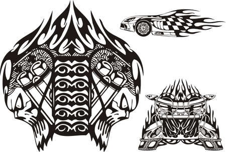 Two skulls and front part of the car. Racing compositions.  illustration ready for vinyl cutting.のイラスト素材