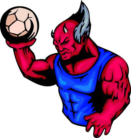 Red demon with a soccer ball on a hand. Sport mascot animals.  illustration - color   b/w versions.のイラスト素材