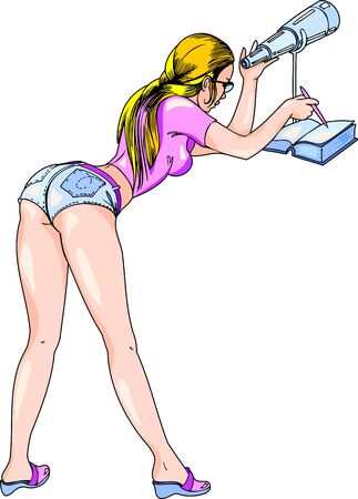 The girl-astronomer with a periscope in hands. Trades girls.   illustration - color   b/w versions.のイラスト素材