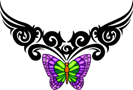 The butterfly with violet wings from above a black pattern. Tribal butterfly tattoo. Vector illustration - color + b/w versions.のイラスト素材