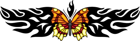 The butterfly with orange and yellow wings in the centre of a black pattern. Tribal butterfly tattoo. Vector illustration - color + b/w versions.のイラスト素材