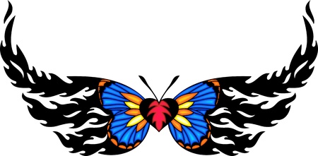 The butterfly with blue wings and pink heart in the centre. Tribal butterfly tattoo. Vector illustration - color + b/w versions.のイラスト素材