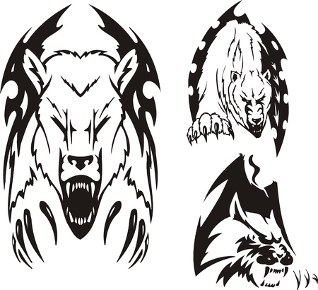 Two polar bears and the big cat. Tribal predators. Vector illustration ready for vinyl cutting.のイラスト素材