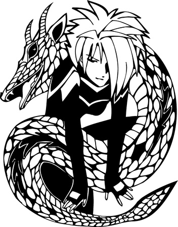 Dragon and  girl.Anime Girls.Vector illustration ready for vinyl cutting.のイラスト素材