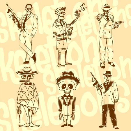 Skeletons - gangster, bandits - vector set.のイラスト素材