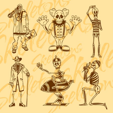 Skeletons - clowns, actor - vector set. Vinyl-ready illustration.のイラスト素材