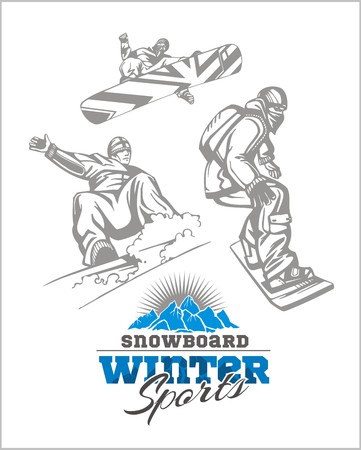 Snowboarder at jump in mountains. Vector set.のイラスト素材