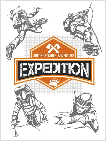 Rock climbing expedition. Vector set - expeditions emblem and climbers.のイラスト素材