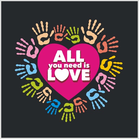 Colored handprints and pink heart  - vector illustration.のイラスト素材