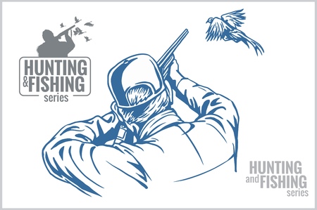 Hunter shooting at pheasant - vintage illustrationのイラスト素材