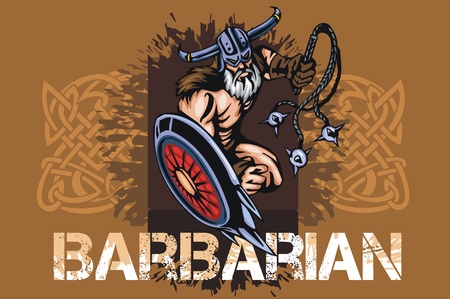 Viking norseman mascot cartoon with bludgeon and shield - vector vintage emblemのイラスト素材