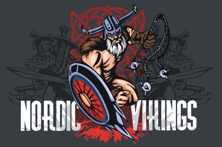 Viking norseman mascot cartoon with bludgeon and shield - vector vintage emblemのイラスト素材