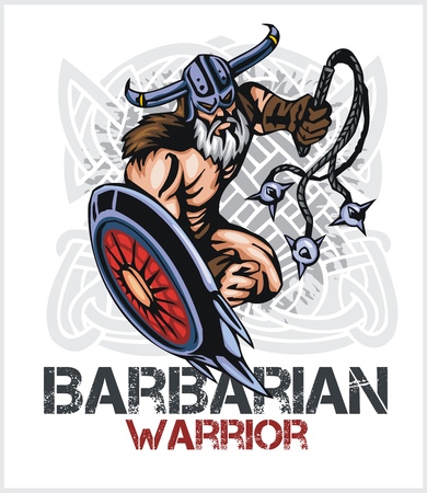 Viking norseman mascot cartoon with bludgeon and shield - vector vintage emblemのイラスト素材