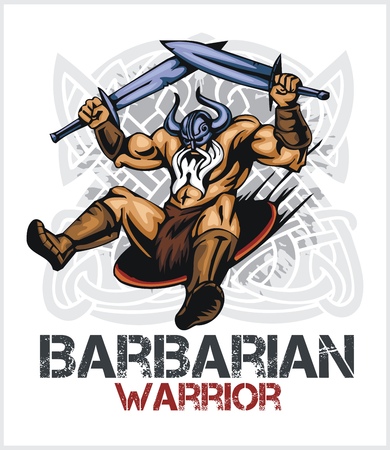 Viking norseman mascot cartoon with two swords - vector vintage emblemのイラスト素材