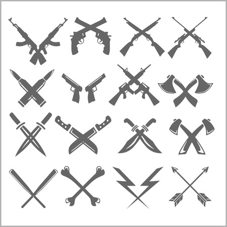 Crossed Weapons - guns knives axes. Vector set.のイラスト素材