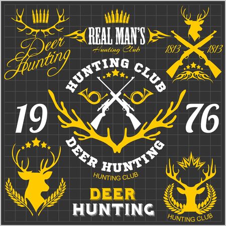 Deer hunting. Set of badges labels logo design elements. Retro vintage symbols. Vector illustration.のイラスト素材