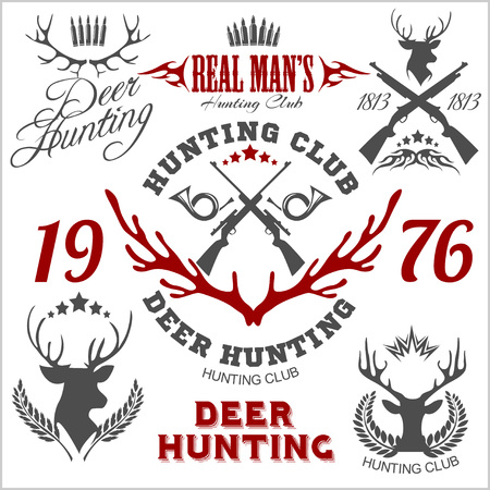 Deer hunting. Set of badges labels logo design elements. Retro vintage symbols. Vector illustration.のイラスト素材