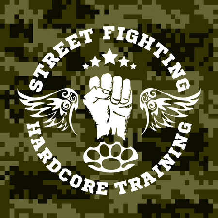 Street fighting emblem with fist and wings on camouflage background. Vector stock.のイラスト素材