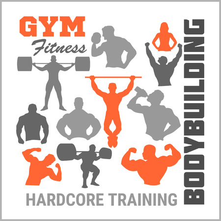 Bodybuilders silhouettes - design elements for logos, emblems. Vector set.のイラスト素材