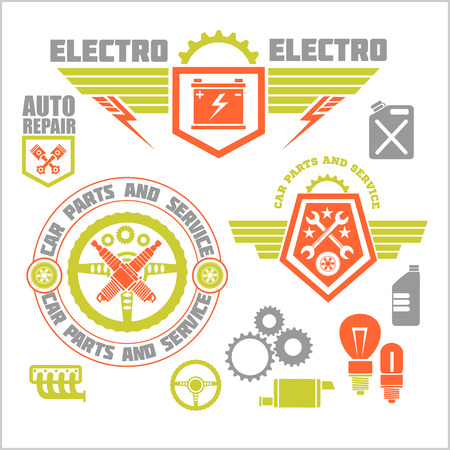 Car service icons and labels set on light background. Vector set.のイラスト素材