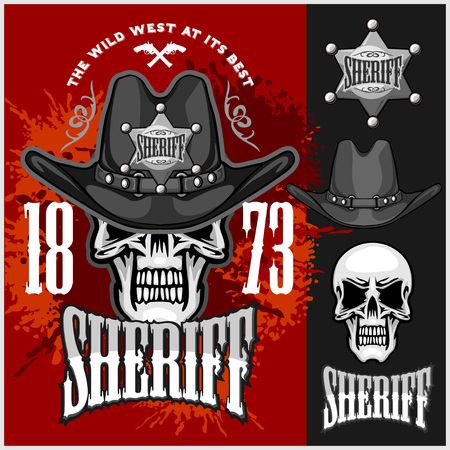 Cowboy Skull in the Hat and Sheriffs star on grunge backgroundのイラスト素材