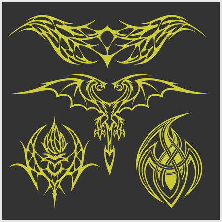 Symmetric tattoo set in tribal style on dark backgroundのイラスト素材